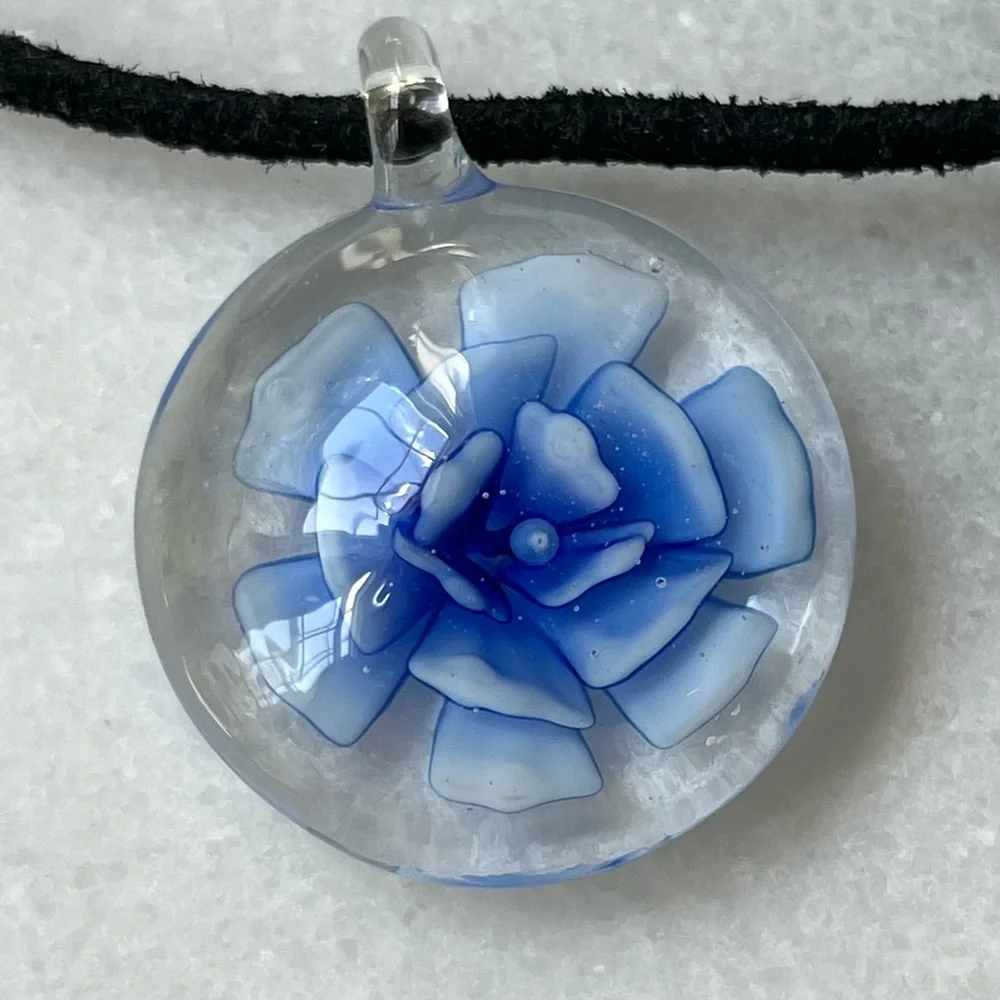 Blue Flower Glass Pendant Necklace
